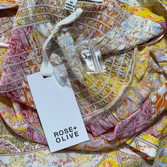 New Rose & Olive Size 1X Tunic Blouse Top Pink Yellow Patchwork V-Neck - Picture 7 of 9